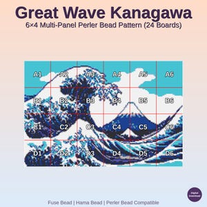 May include: A multi-panel Perler bead pattern featuring the iconic "Great Wave Kanagawa" design. The pattern is divided into 24 boards, with a grid overlay for easy assembly. The image includes the text "Great Wave Kanagawa" and "6x4 Multi-Panel Perler Bead Pattern (24 Boards)".