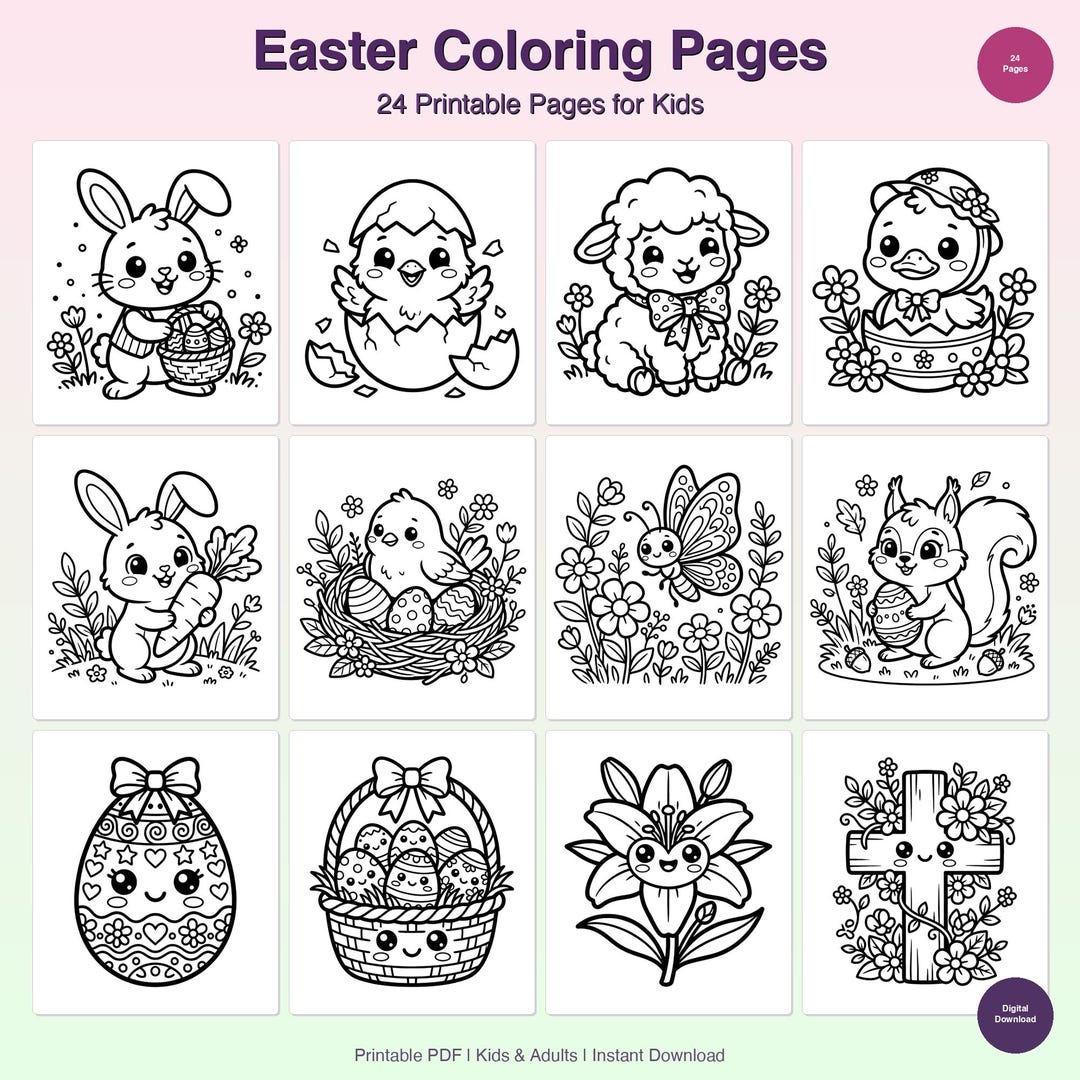 24 Easter Coloring Pages for Kids, Printable Easter Activity (PDF ...