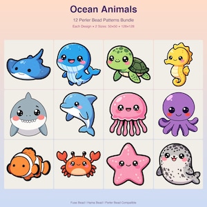 May include: A digital collection of 12 ocean animal perler bead patterns featuring a stingray, whale, turtle, seahorse, shark, dolphin, jellyfish, octopus, clownfish, crab, starfish, and seal. Text reads Ocean Animals 12 Perler Bead Patterns Bundle.