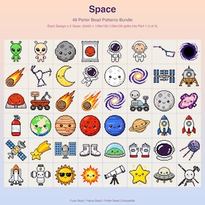48 Perler Bead-patronen met ruimtethema: planeten, sterren, astronauten, buitenaardse wezens en ruimtevaartuigen (PDF digitale download)