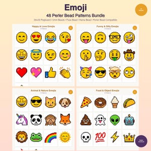 Op de afbeelding: Een digitale downloadbundel met 48 Perler kralenpatronen met emoji-ontwerpen. De patronen zijn georganiseerd in categorieën zoals Happy & Love, Funny & Silly, Animal & Nature en Food & Object emoji's. De afbeelding bevat de tekst "Emoji".