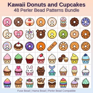 May include: A grid of colorful pixel art donuts and cupcakes. The image includes various designs, such as a donut with sprinkles, a heart-shaped donut, and cupcakes with different toppings. Text at the top reads "Kawaii Donuts and Cupcakes".