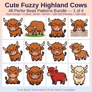 May include: A digital collection of 48 Perler bead patterns featuring cute fuzzy Highland cows. The image displays 12 distinct cow illustrations in various poses and colours, with text stating: Cute Fuzzy Highland Cows 48 Perler Bead Patterns Bundle.