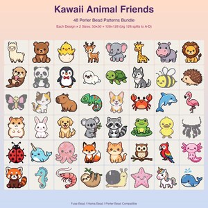 May include: A digital collection of 48 pixel art animal patterns titled Kawaii Animal Friends. The grid displays various creatures including a llama, bear, penguin, turtle, and unicorn, designed for fuse bead projects in 50x50 and 128x128 sizes.