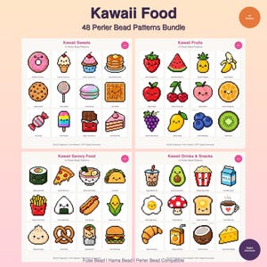 Op de afbeelding: Een digitale downloadbundel met 48 Kawaii voedselpatronen voor Perler-kralen. De patronen zijn verdeeld in vier categorieën: Snoep, Fruit, Hartig eten en Drankjes & Snacks. Elk patroon is een gepixeld ontwerp van verschillende voedingsmiddelen.