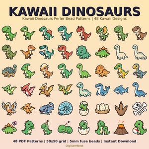 May include: A collection of 48 kawaii dinosaur designs in various colors and poses. The image includes text that reads "KAWAII DINOSAURS" and details about the patterns, including the grid size and bead size. The designs are suitable for fuse bead projects.
