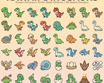 Puede incluir: Imagen con 48 diseños de dinosaurios kawaii en varios colores y poses. El texto "KAWAII DINOSAURS" es visible. La imagen también incluye detalles sobre los patrones, incluido el tamaño de la cuadrícula y el tamaño de las cuentas (5 mm).