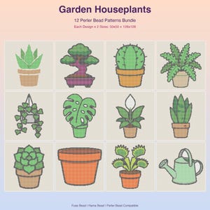 May include: A digital collection titled Garden Houseplants 12 Perler Bead Patterns Bundle. It displays twelve pixel art icons including various potted plants, a hanging plant, and a watering can, with text indicating sizes 50x50 and 128x128.