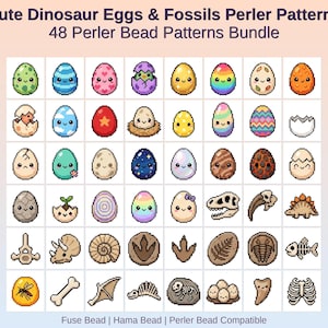 Lot de 48 motifs perler, fossiles, œufs de dinosaure (téléchargement PDF)
