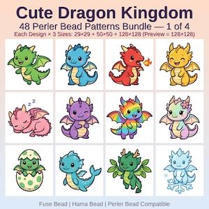 Könnte beinhalten: Eine digitale Sammlung mit dem Titel Cute Dragon Kingdom 48 Perler Bead Patterns Bundle 1 of 4. Sie zeigt 12 bunte Drachenillustrationen in einem Raster, darunter grüne, blaue, rote, gelbe, rosa, violette und regenbogenfarbene Designs.