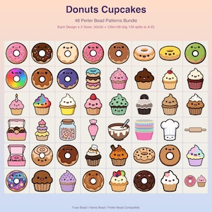 Può includere: Una collezione digitale di 48 schemi per perline da stirare intitolata Donuts Cupcakes. La griglia mostra vari ciambelle, cupcake, utensili da pasticceria e zuccherini in stile kawaii in diversi colori e design per progetti creativi.
