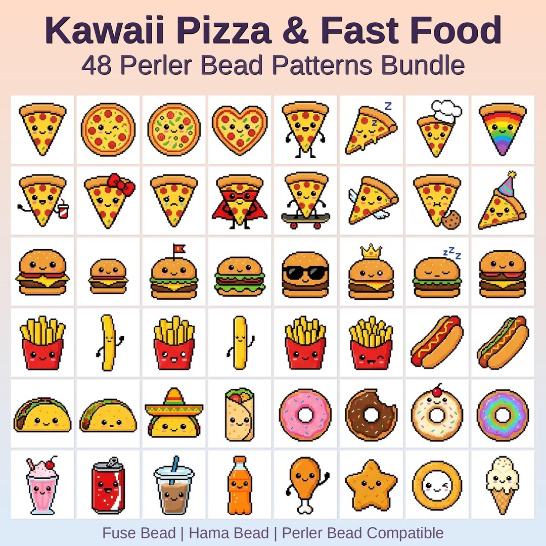 Kawaii Pizza Fast Food Perler Bead Patterns Bundle (48 Designs ...