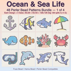 May include: A digital bundle of 48 Ocean & Sea Life Perler bead patterns, 1 of 4. The grid displays 12 pixel-art designs including an anchor, fish, shark, umbrella, whale, clownfish, coral, crab, snorkel mask, dolphin, and hammerhead shark.