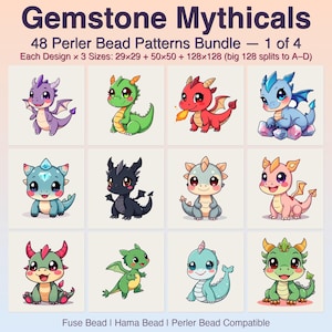 May include: Gemstone Mythicals 48 Perler Bead Patterns Bundle 1 of 4. Each design comes in 3 sizes: 29x29, 50x50, and 128x128. The image displays 12 colourful cartoon dragon illustrations in a grid, compatible with fuse, Hama, and Perler beads.