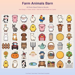 Könnte beinhalten: Eine digitale Sammlung von 48 Bügelperlen-Mustern mit dem Titel Farm Animals Barn. Das Raster zeigt farbenfrohe Illustrationen von Tieren, Pflanzen und landwirtschaftlichen Geräten, darunter eine Kuh, ein Schwein, ein Schaf, ein Huhn und ein Traktor.