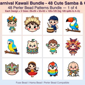 May include: A digital collection of 48 Carnival Kawaii themed Perler bead patterns displayed in a grid. The images feature colorful characters, birds, and masks. Text includes: Carnival Kawaii Bundle - 48 Cute Samba & 48 Perler Bead Patterns Bundle - 1 of 4.