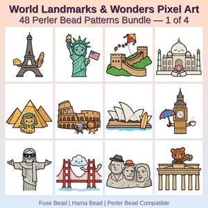 World Landmarks & Wonders Pixel Art Perler Bead Patterns Bundle, 48 Designs (PDF Digital Download)