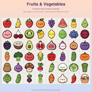 Pacchetto di 48 modelli di frutta e verdura Kawaii da realizzare con le perline Perler (download digitale in PDF)