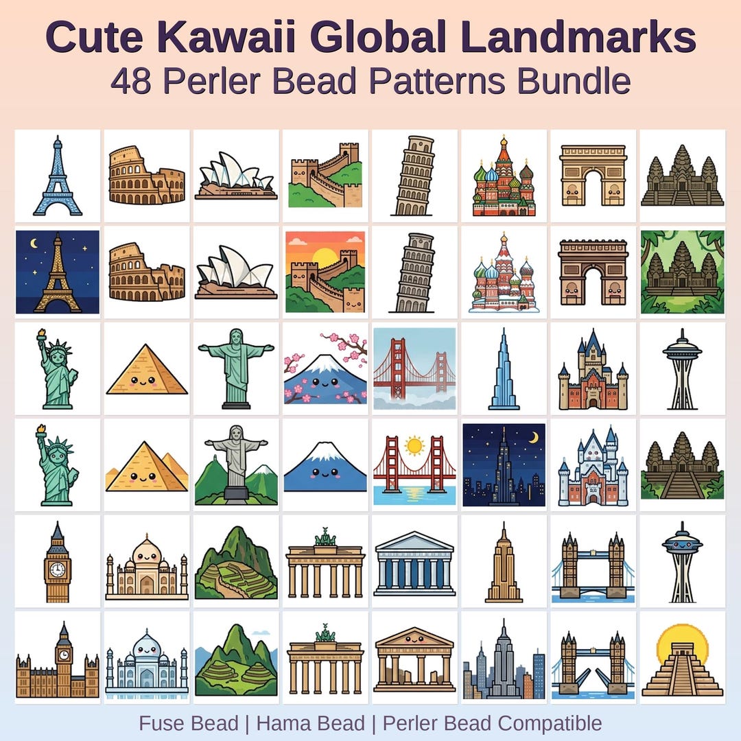 Kawaii Global Landmarks Perler Bead Patterns Bundle, 48 Designs (PDF ...