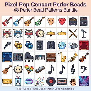 Puede incluir: Una colección de 48 patrones de cuentas Perler con temática de concierto de música. La imagen incluye varios instrumentos musicales, equipos de escenario y notas musicales. El texto en la parte superior dice "Pixel Pop Concert Perler Beads" y "48 Perler Bead Patterns Bundle".