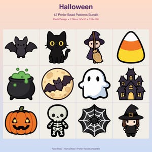 12 patrones de cuentas Perler para Halloween: Calabaza de Halloween, Fantasma, Bruja (Descarga digital en PDF)