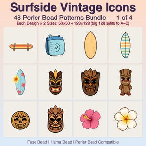 Surfside Vintage Icons Perler Bead Patterns, 48 ​​Designs (50x50 + 128x128) (Digital Nedladdning)