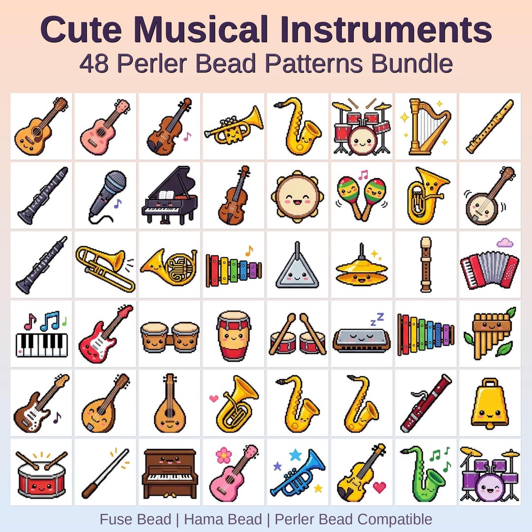 Musical Instruments Perler Bead Patterns, 48 Designs (PDF Download Musical Instruments Perler Bead Patterns, 48 Designs (PDF Download