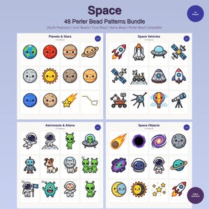 Może przedstawiać: Cyfrowe pobieranie 48 wzorów koralików Perler o tematyce kosmicznej. Wzory obejmują planety, gwiazdy, pojazdy kosmiczne, astronautów, kosmitów i obiekty kosmiczne. Obraz zawiera tekst "Space" i "Digital Download".