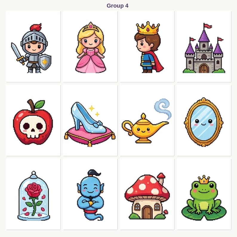 Puede incluir: Una colecci&oacute;n de ilustraciones de dibujos animados coloridos con personajes y objetos de cuentos de hadas. Incluye un caballero, una princesa, un pr&iacute;ncipe, un castillo, una manzana, un zapato de cristal, una l&aacute;mpara m&aacute;gica, un espejo, una rosa, un genio, una casa de setas y una rana.