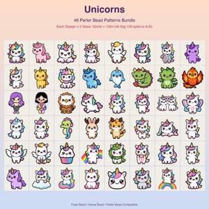Peut inclure: Une collection numérique de 48 modèles de perles à repasser présentant divers motifs de licornes et créatures mythiques. La grille affiche des personnages colorés de style dessin animé avec des cornes, incluant dragons et sirènes.