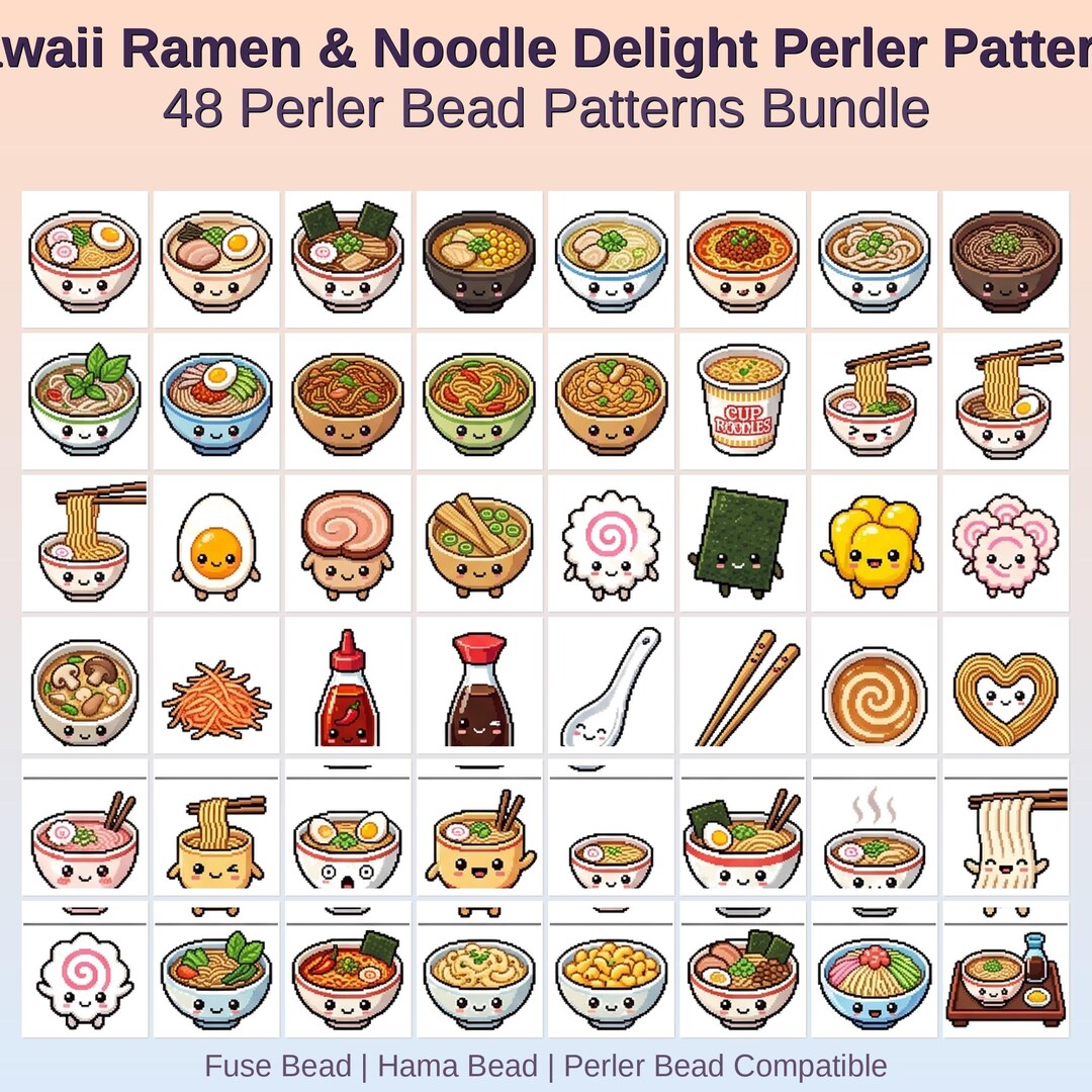 Cute Ramen Pattern Kawaii Ramen Noodle Perler Bead Patterns Bundle, 48 Designs (PDF ...