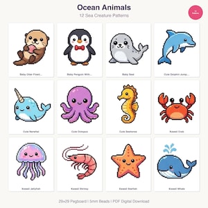 Op de afbeelding: Een raster van 12 kleurrijke pixel art zeedieren, waaronder een otter, pinguïn, zeehond, dolfijn, narwal, octopus, zeepaardje, krab, kwal, garnaal, zeester en walvis. De tekst "Ocean Animals" en "12 Sea Creature Patterns" staan bovenaan.