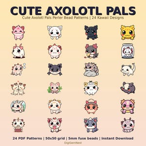 May include: A digital art print showcasing 24 kawaii axolotl designs in diverse colours and poses. The text "CUTE AXOLOTL PALS" is at the top. The image includes the text "24 PDF Patterns | 50x50 grid | 5mm fuse beads | Instant Download".