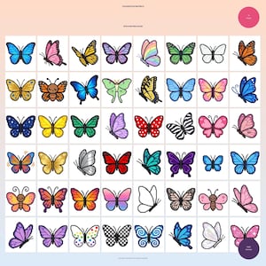 May include: A grid of colorful butterfly designs in various styles and colors, including blue, pink, yellow, and green. The butterflies are arranged in a pattern, with each butterfly in its own square. The image includes the text "Love Butterfly Pixel Bead Patterns".