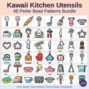 Könnte beinhalten: Ein digitaler Download mit 48 Pixel-Art-Mustern von Kawaii-Küchenutensilien. Die Sammlung umfasst verschiedene Küchenwerkzeuge wie Schneebesen, Spatel, Nudelholz und mehr, alle in einem niedlichen Cartoon-Stil gestaltet. Der Text auf dem Bild lautet "Kawaii Kitchen Utensils".