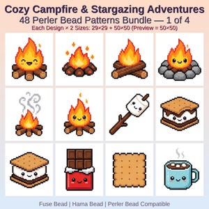 Könnte beinhalten: Ein digitales Set mit 48 Pixel-Art-Bügelperlenmustern mit dem Titel Cozy Campfire & Stargazing Adventures. Das Raster zeigt 12 Symbole, darunter Lagerfeuer, ein Marshmallow am Stock, S'mores, eine Schokoladentafel und eine Tasse mit Gesicht.