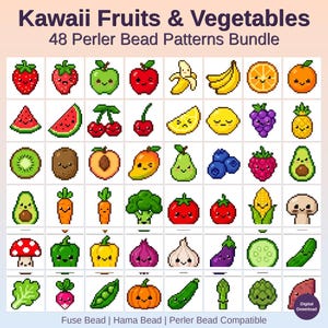 Kawaii Frukter & Grönsaker Pärlmönster Bundle, 48 Designs (PDF Digital Nedladdning)