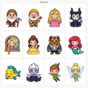 Puede incluir: Una colecci&oacute;n de ilustraciones de personajes de dibujos animados, incluyendo los enanitos de Blancanieves, princesas y otros personajes. Cada personaje est&aacute; representado en un estilo chibi, con colores vibrantes y rasgos distintivos.