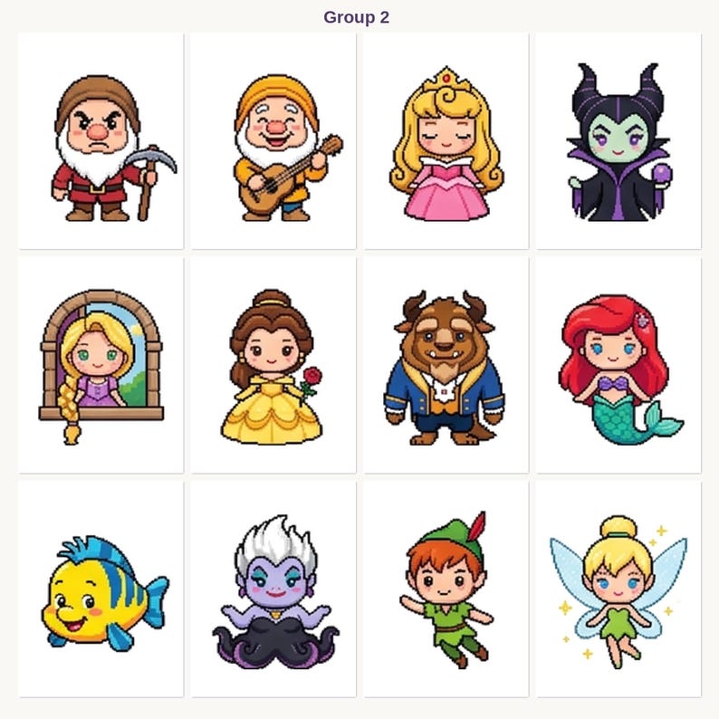 Puede incluir: Una colecci&oacute;n de ilustraciones de personajes de dibujos animados, incluyendo los enanitos de Blancanieves, princesas y otros personajes. Cada personaje est&aacute; representado en un estilo chibi, con colores vibrantes y rasgos distintivos.