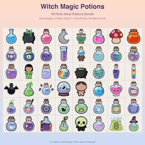 May include: A digital collection of 48 Witch Magic Potions perler bead patterns featuring various glass bottles, cauldrons, and magical icons. The text reads Witch Magic Potions, 48 Perler Bead Patterns Bundle, Each Design x 2 Sizes, and Fuse Bead Hama Bead Perler Bead Compatible.