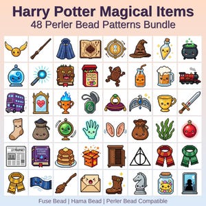 Könnte beinhalten: Eine Sammlung von 48 Pixel-Art-Mustern mit magischen Gegenständen aus Harry Potter, darunter ein goldener Schnatz, ein Zauberstab, ein Hut, eine Zaubertrankflasche und ein Kessel. Der Text lautet "Harry Potter Magical Items" und "48 Perler Bead Patterns Bundle".