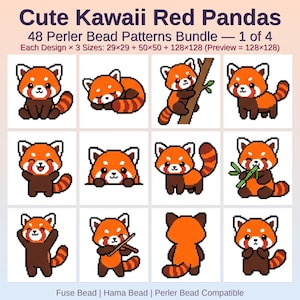 May include: A digital collection of 48 pixel art red panda patterns for Perler beads, labeled Cute Kawaii Red Pandas. The grid displays 12 variations of red pandas in orange and brown, including poses like sleeping, climbing, and eating bamboo.