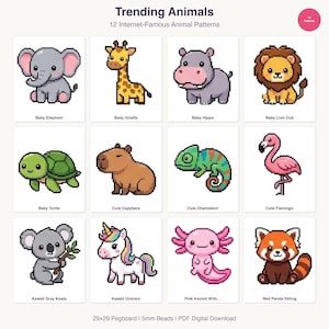 May include: A collection of 12 illustrated animal patterns, including a baby elephant, giraffe, hippo, lion cub, turtle, capybara, chameleon, flamingo, koala, unicorn, axolotl, and red panda. The text "Trending Animals" and "12 Internet-Famous Animal Patterns" are displayed at the top.