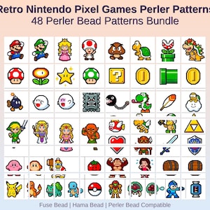 Puede incluir: Un conjunto de 48 patrones de cuentas Perler con personajes de juegos retro de píxeles de Nintendo. Los diseños coloridos incluyen a Mario, Luigi, la Princesa Peach y otras figuras icónicas. El texto superior dice "Retro Nintendo Pixel Games Perler Patterns" y "48 Perler Bead Patterns Bundle."