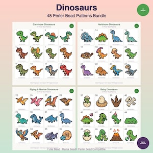 Puede incluir: Una descarga digital con 48 patrones de cuentas Perler de varios dinosaurios. Los diseños incluyen carnívoros, herbívoros, dinosaurios voladores y marinos, y bebés dinosaurios. La imagen incluye el texto "Dinosaurs" y "48 Perler Bead Patterns Bundle".