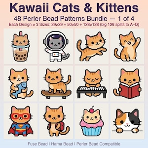 May include: A digital collection of 48 Kawaii Cats & Kittens Perler bead patterns, 1 of 4. The grid displays 12 pixel art cat designs including a cat in a bubble tea, an astronaut, a skateboarder, a pianist, and a superhero. Text includes sizes 29x29, 50x50, 128x128, and Fuse Bead, Hama Bead, Perler Bead Compatible.