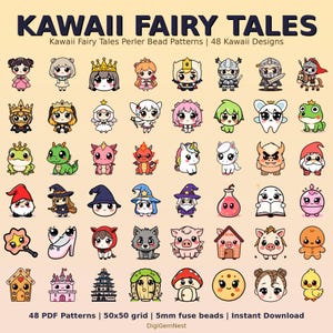Pode incluir: Uma coleção digital intitulada KAWAII FAIRY TALES com 48 designs coloridos de pixel art de personagens e objetos. A grade exibe figuras como cavaleiros, dragões, unicórnios, gnomos e castelos, com texto indicando grade 50x50 e contas de 5mm.