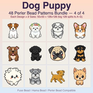 Może przedstawiać: Cyfrowy zestaw 48 wzorów koralików do prasowania Dog Puppy, 4 z 4. Obraz przedstawia 12 ilustrowanych wzorów szczeniąt w siatce. Tekst: Dog Puppy, 48 Perler Bead Patterns Bundle, 4 of 4, Each Design x 2 Sizes: 50x50 + 128x128, Fuse Bead | Hama Bead | Perler Bead Compatible.