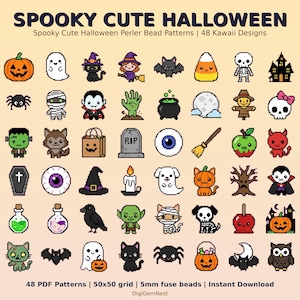 Op de afbeelding: Een verzameling van 48 pixel-Halloween-ontwerpen, waaronder pompoenen, geesten, katten, heksen en meer. De ontwerpen zijn gerangschikt in een raster, met de tekst "SPOOKY CUTE HALLOWEEN" bovenaan. De patronen zijn voor strijkkralen.