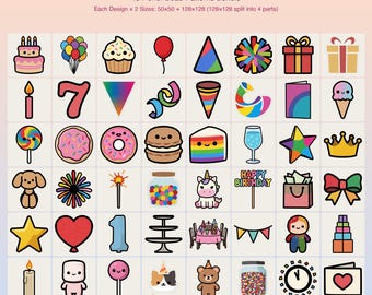 Puede incluir: Una colección digital de 48 patrones de cuentas para planchar con temática de cumpleaños, dispuestos en una cuadrícula. Los iconos incluyen pasteles, globos, cupcakes, gorros de fiesta, regalos, números, dulces, un unicornio y decoraciones festivas. Texto: Birthday, 48 Perler Bead Patterns Bundle, Each Design x 2 Sizes: 50x50 + 128x128 (128x128 split into 4 parts), Fuse Bead | Hama Bead | Perler Bead Compatible.